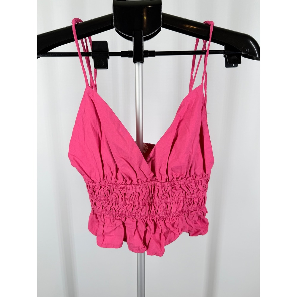Sim & Sam Hot Pink Smocked Ruffle Crop Top Tie Shoulder Cotton V-Neck Medium